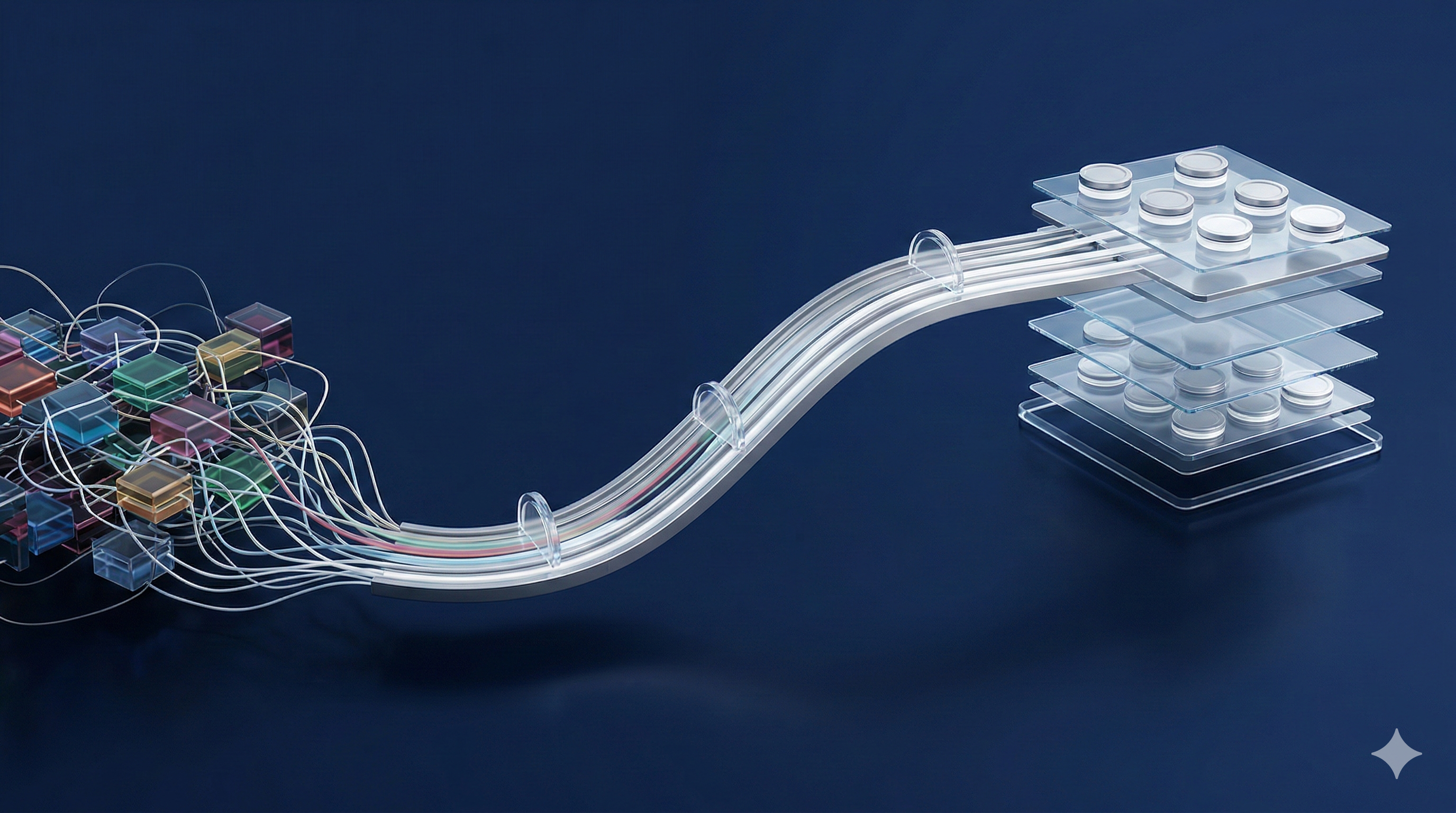 A clean, organized digital architecture roadmap showing the transition from a messy, overlapping web of software icons to a streamlined, unified cloud-based ecosystem.