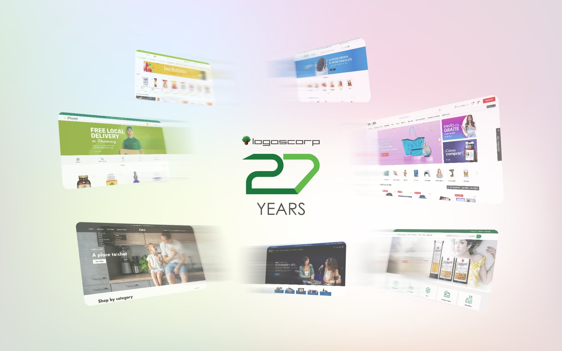 Imagen celebrando el 27º aniversario de LogosCorp con un logo central y capturas de pantalla de sus tiendas en línea. Representa su trayectoria en el comercio electrónico y la innovación continua.