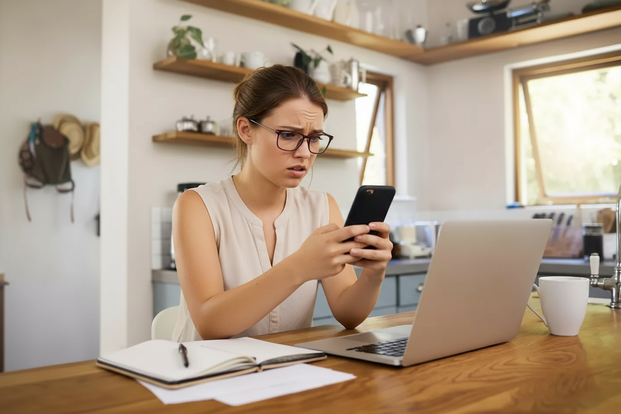 Mujer joven preocupada, usando su telefono para hacer un reclamo