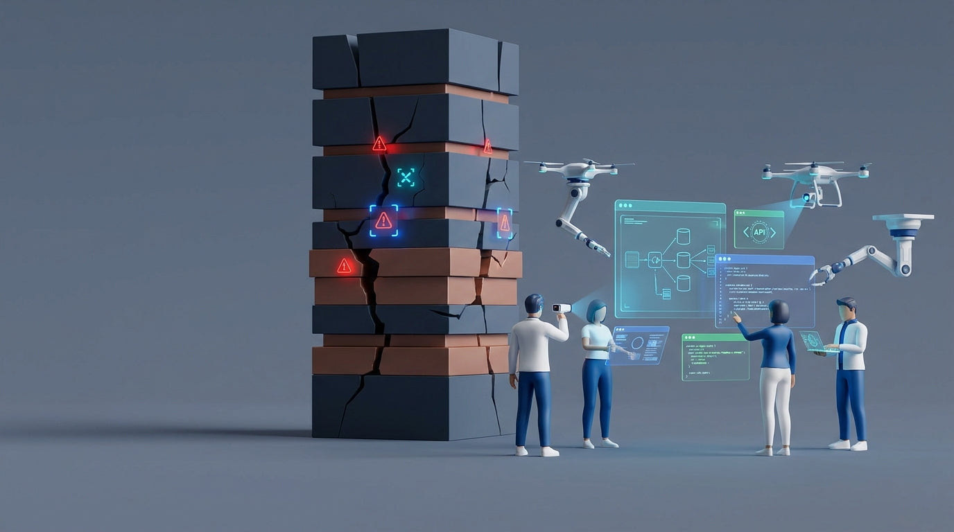 ISO 20022 y Open Banking: Cumplimiento en marcha — ilustración 3D minimalista con monolito bancario agrietado y equipo técnico modernizando sistemas.